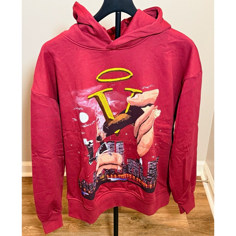 Mr Wave Men's Fleece Pullover Hoodie Graphic Print Pockets Red Size S